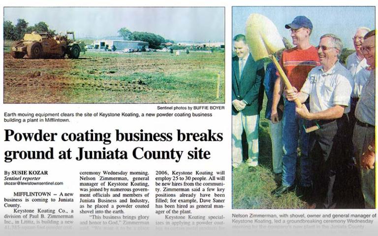 News Clipping of Keystone Koating Breaking Ground in Juniata County.