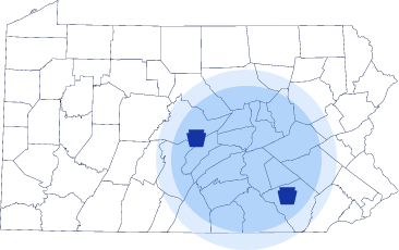 an outline of Pennsylvania that shows the service area for Keystone Koating